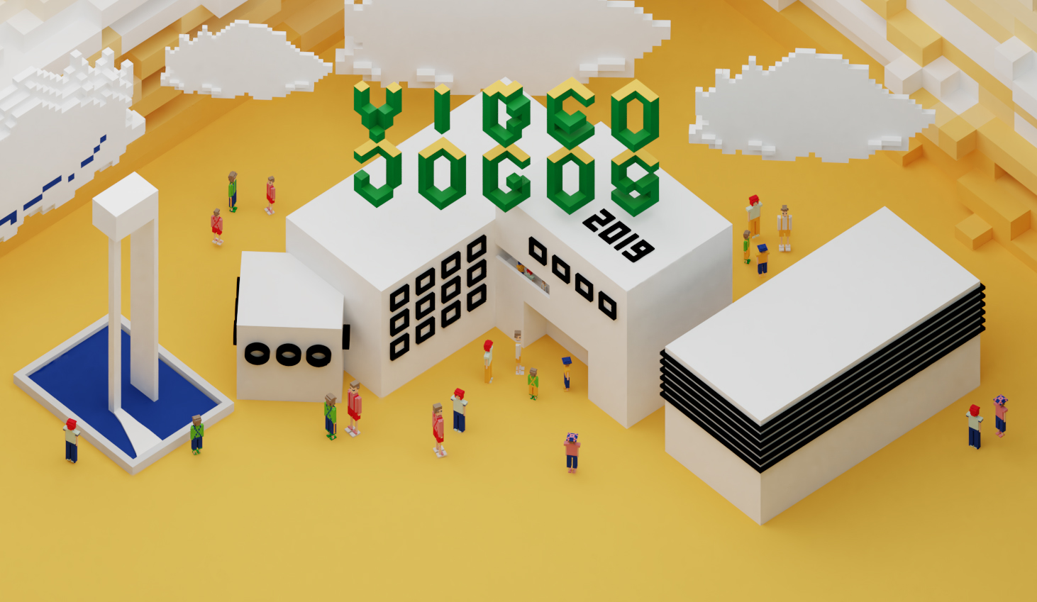 Artwork for Videojogos 2019. A non-realistic computer-generated image featuring the title of the conference above a representation of the venue, located in University of Aveiro